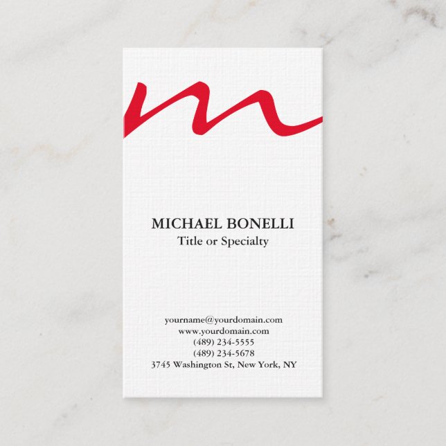 Linen trendy modern red monogram professional business card (Front)