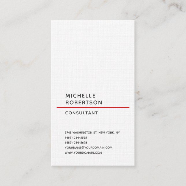 Linen Vertical Red White Trendy Minimalist Plain Business Card (Front)