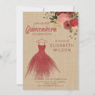 Linen vintage floral red dress Quinceañera Invitation