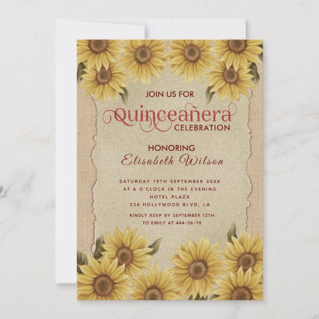 Linen vintage romantic sunflower Quinceañera  Invitation (Front)