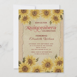 Linen vintage romantic sunflower Quinceañera  Invitation