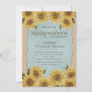 Linen vintage sunflower blue Quinceañera Invitation