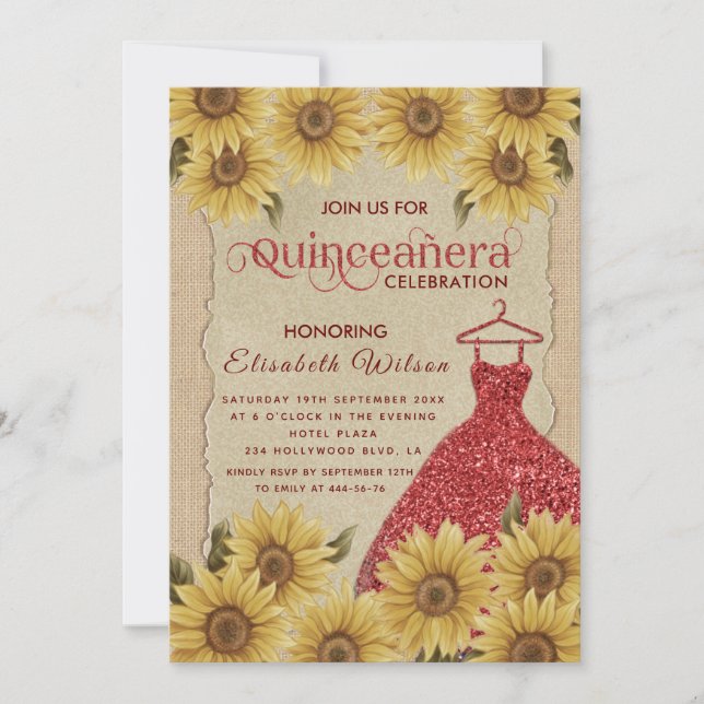 Linen vintage  sunflower red dress Quinceañera  In Invitation (Front)