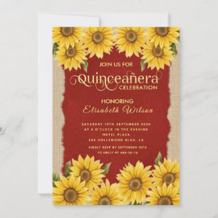 Linen vintage sunflower red  Quinceañera Invitation
