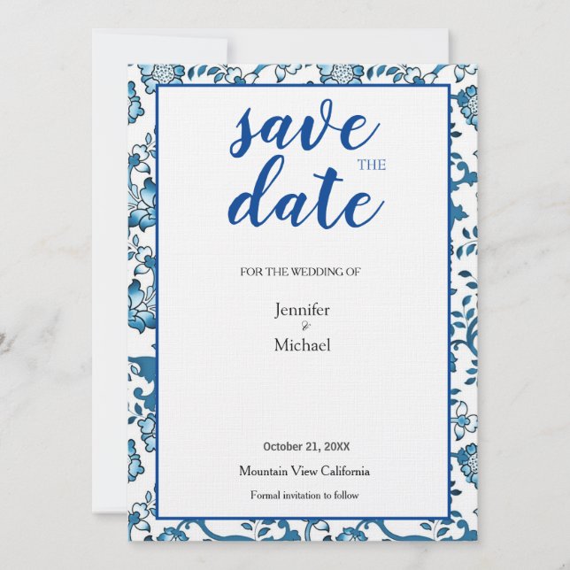 Linen Wedding Floral Blue White Save Date Save The Date (Front)