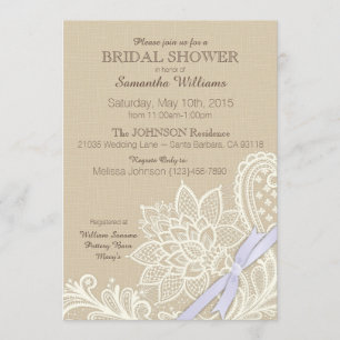 Linen White Lace and Lavender Ribbon Bridal Shower Invitation