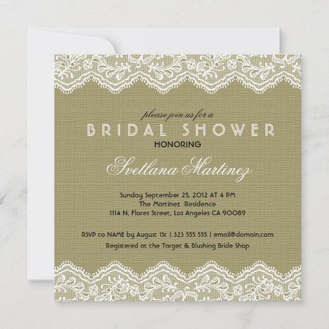 Linen & White Lace Bridal Shower Invite (Front)