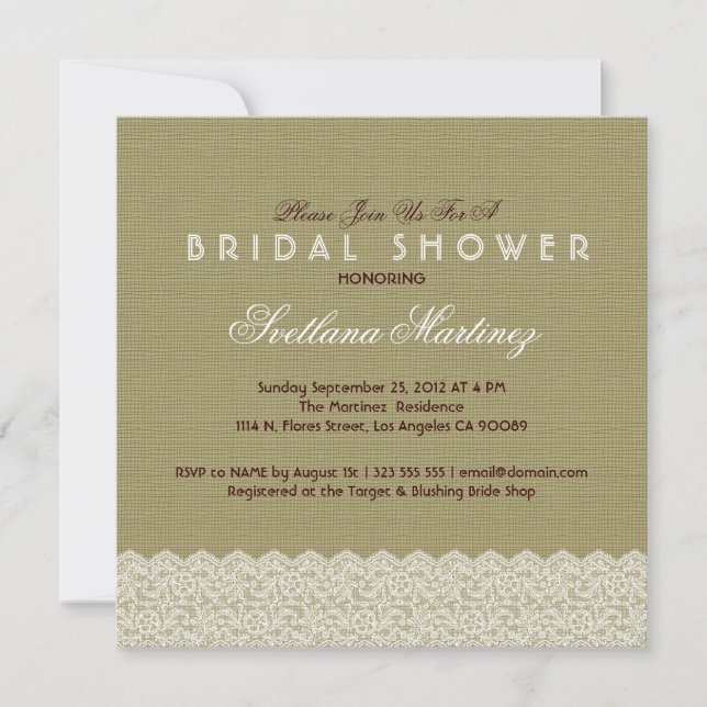 Linen & White Lace Bridal Shower Invite (Front)