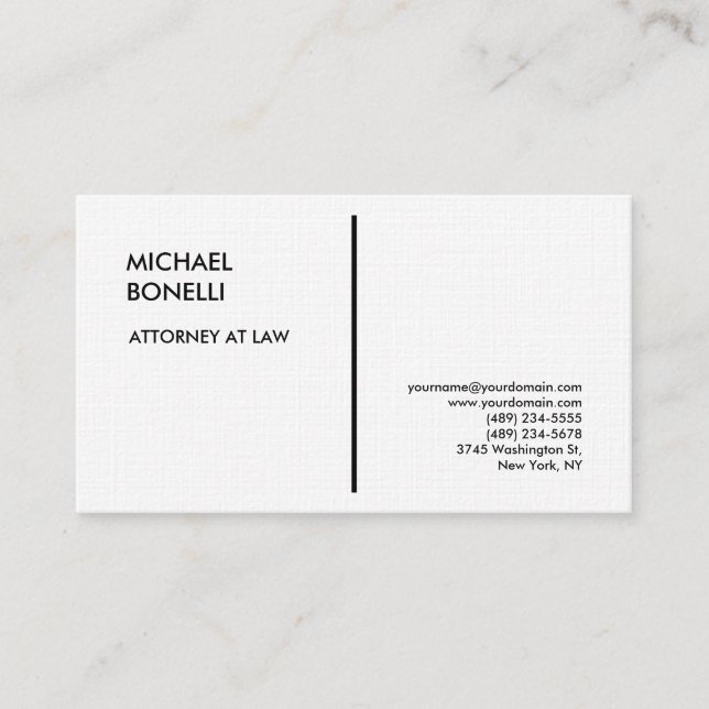 Linen White Professional Modern Attorney at Law Business Card (Front)