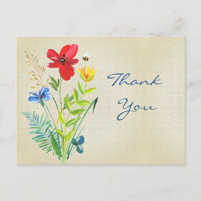 Linen with Painted Flower Bouquet Thank You Postcard (Front)