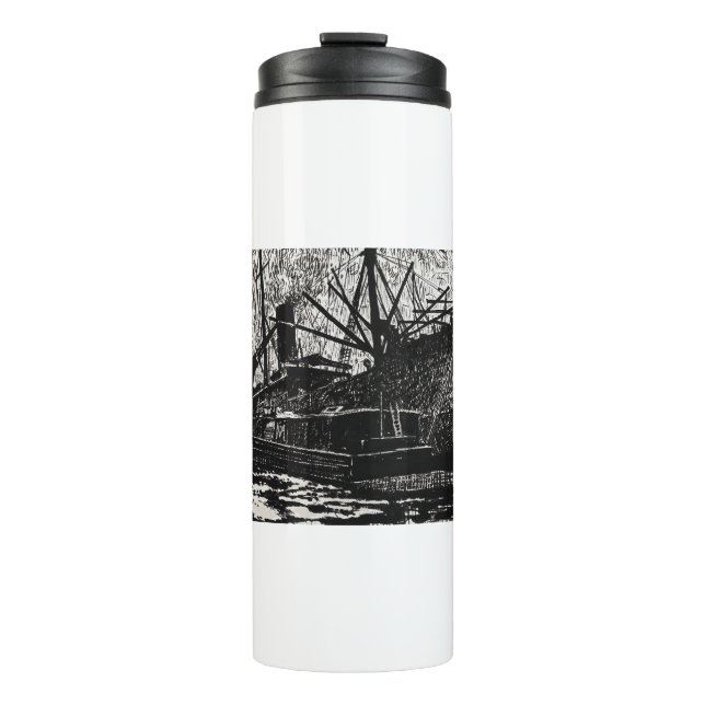 Liner and Tug Black and white Thermal Tumbler (Front)