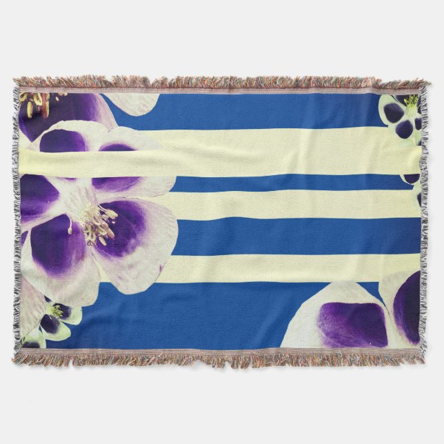 Lines, Blue & Flowers Throw Blanket (Front)