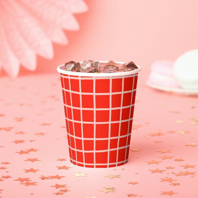 Lines Grid Hand-Drawn Rustic Whimsical Red Pink Paper Cups (Insitu)