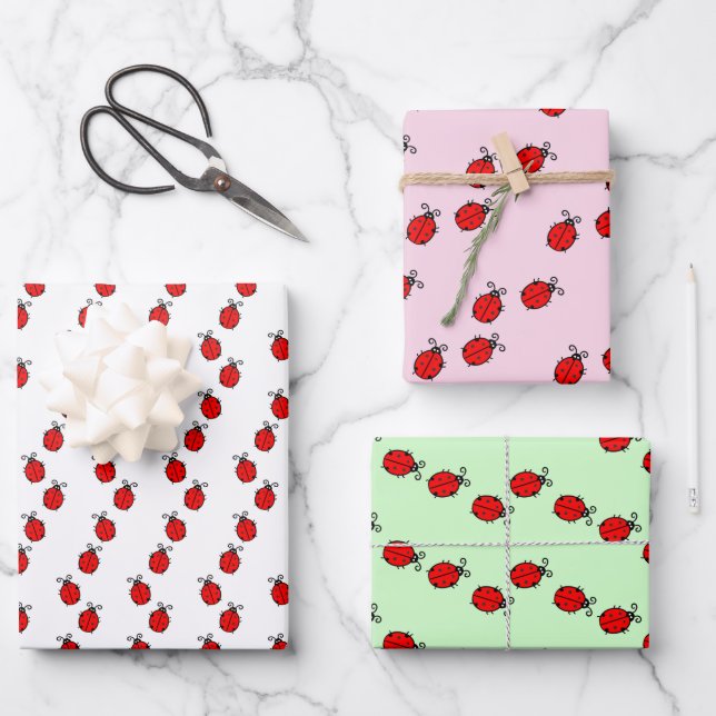 Lines of Ladybugs Design Wrapping Paper Sheets (Front)