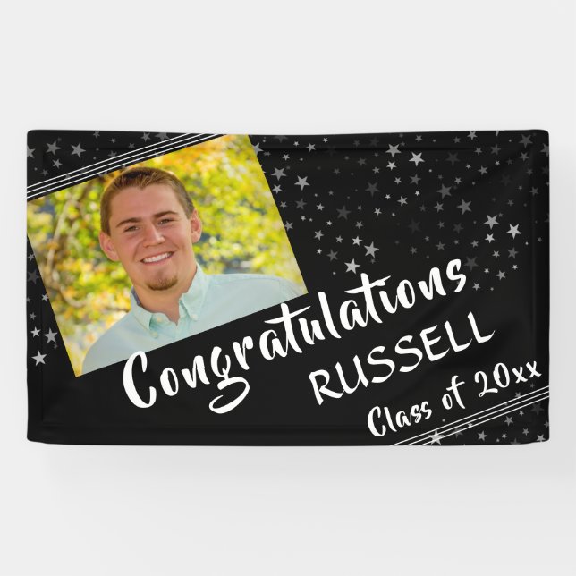 Lines & Stars | Editable Black | Photo Graduation Banner (Horizontal)