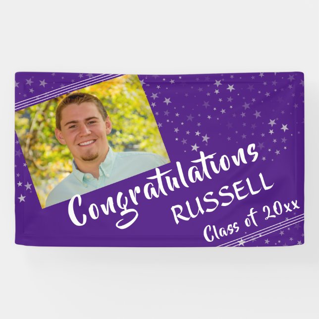 Lines & Stars | Editable Purple | Photo Graduation Banner (Horizontal)
