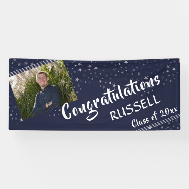 Lines & Stars | Navy Blue | Photo Graduation Banner (Horizontal)