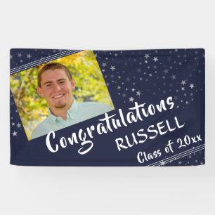 Lines & Stars Navy Blue Photo Graduation Banner