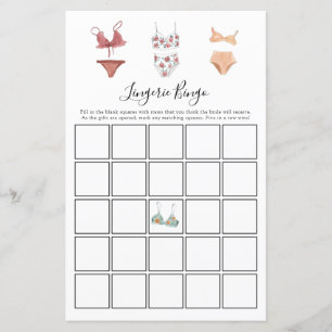 Lingerie Bingo Game Card