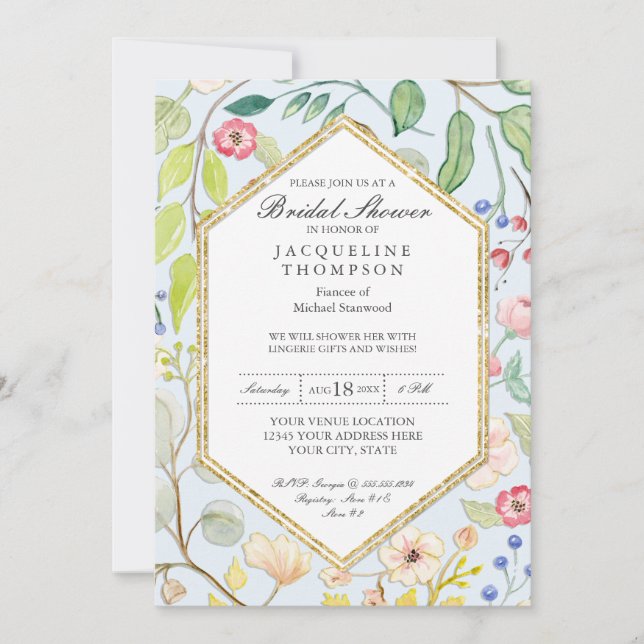 Lingerie Bridal Shower Blue Watercolor Floral Invitation (Front)