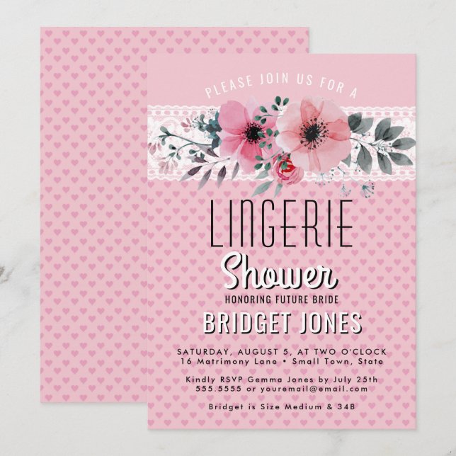 Lingerie Bridal Shower Pink Floral Hearts Lace Invitation (Front/Back)