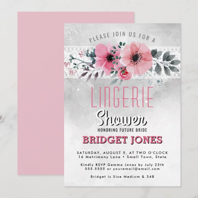 Lingerie Bridal Shower Pink Watercolor Floral Lace Invitation (Front/Back)