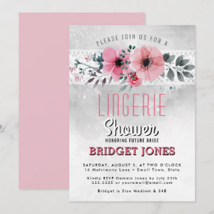 Lingerie Bridal Shower Pink Watercolor Floral Lace Invitation