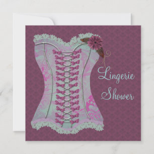 Lingerie Bridal Shower Plum Teal Corset Damask Invitation