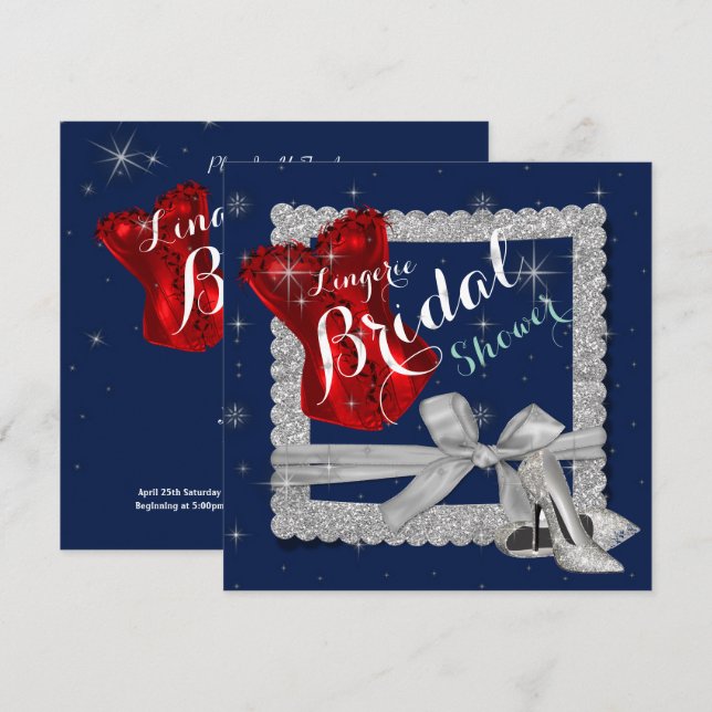 Lingerie Bridal Shower Silver Stilettos Red Corset Invitation (Front/Back)