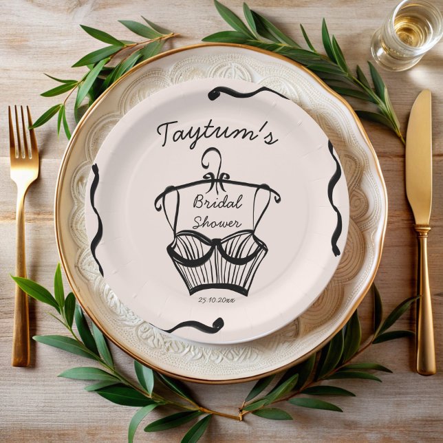 Lingerie bridal shower wavy border sketch paper plate (Lingerie bridal shower wavy border hand drawn sketch personalized monogrammed paper plates)