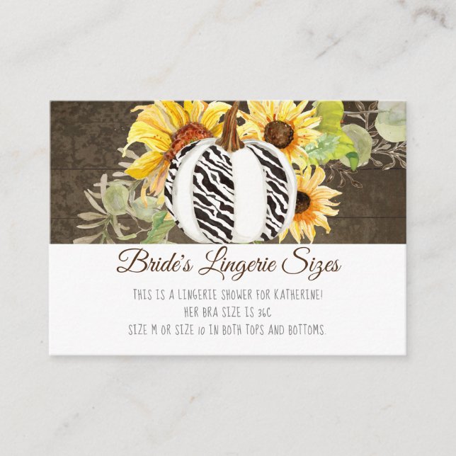 Lingerie Bridal Shower Zebra Pumpkin n Sunflowers Enclosure Card (Front)