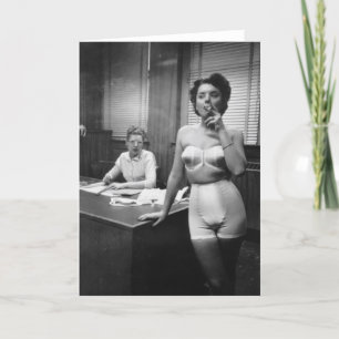 Lingerie model smoking in an office card
