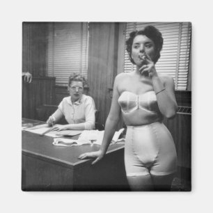 Lingerie model smoking in an office magnet