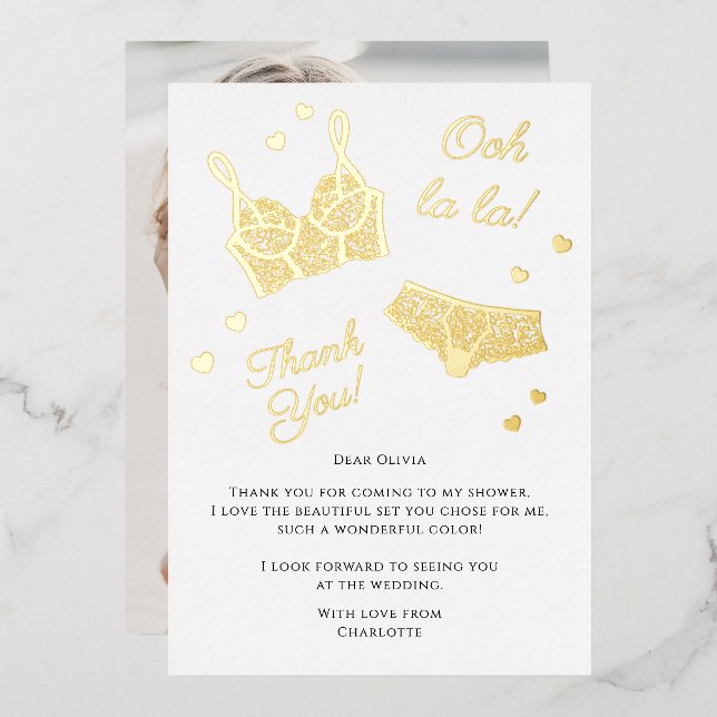 Lingerie Party Bridal Shower Photo Thank You Foil Holiday Card (Front/Back)