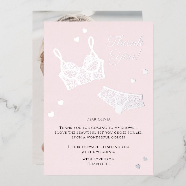 Lingerie Party Bridal Shower Photo Thank You Foil Holiday Card (Front/Back)