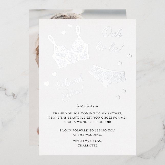 Lingerie Party Bridal Shower Photo Thank You Foil Holiday Card (Front/Back)