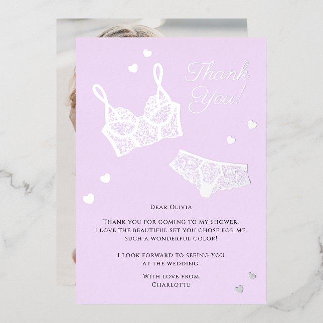 Lingerie Party Bridal Shower Photo Thank You Foil Holiday Card (Front/Back)