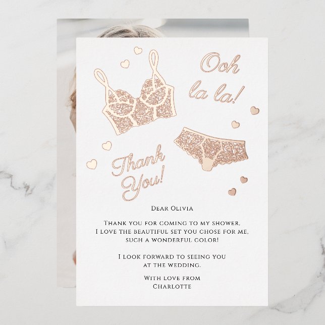 Lingerie Party Bridal Shower Photo Thank You Foil Holiday Card (Front/Back)