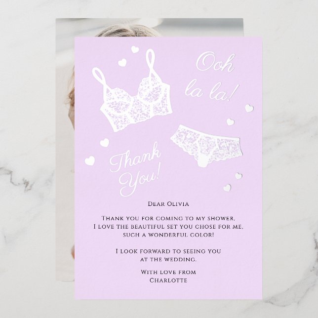 Lingerie Party Bridal Shower Photo Thank You Foil Holiday Card (Front/Back)