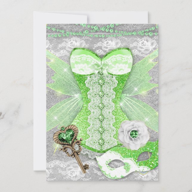 Lingerie Party GREEN Key Corset Mask Silver Invitation (Front)