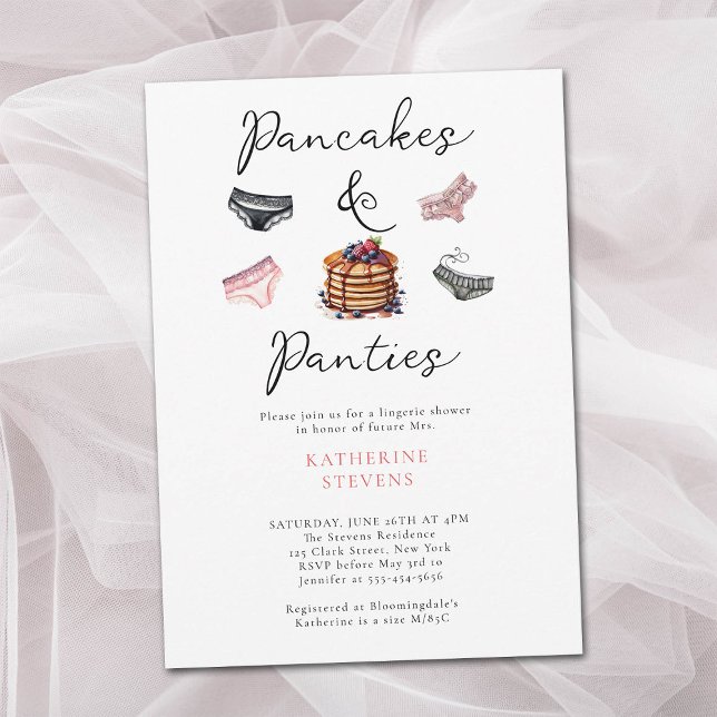 Lingerie Party Pancakes Panties Pink Bridal Shower Invitation (panties pancakes lingerie shower invitation bridal watercolor pink black sexy sweet elegant classy)