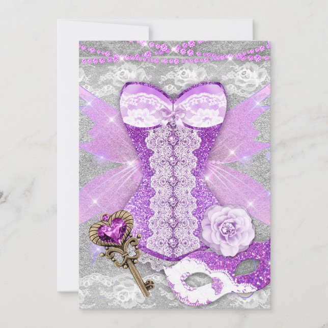 Lingerie Party Purple Key Corset Mask Silver Invitation (Front)
