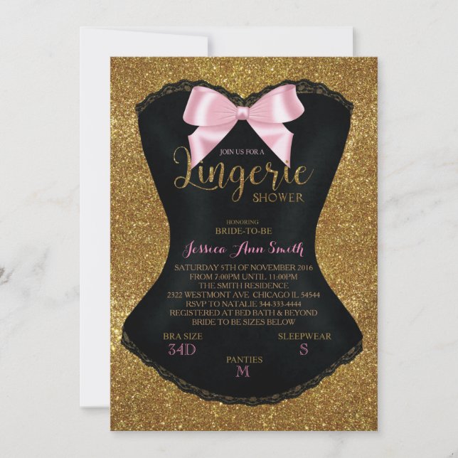Lingerie shower bachelorette invitation gold (Front)