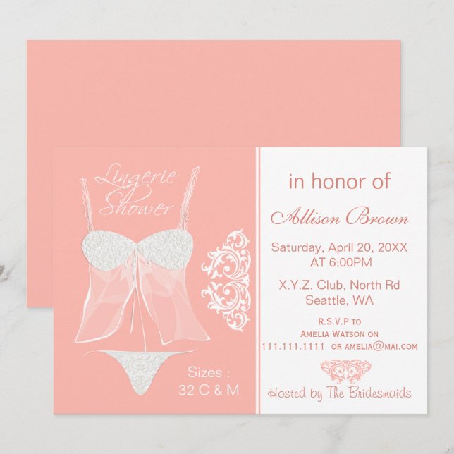 Lingerie Shower Bachelorette Party Invitations (Front/Back)