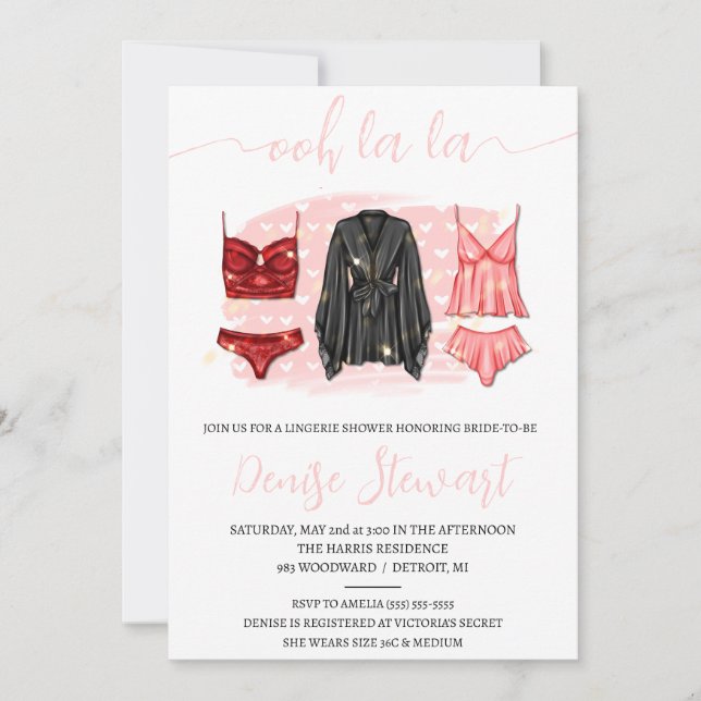 Lingerie Shower, Black, Pink, Red, Bridal Shower Invitation (Front)