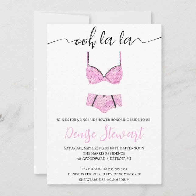 Lingerie Shower, Black, White, Pink, Bridal Shower Invitation (Front)