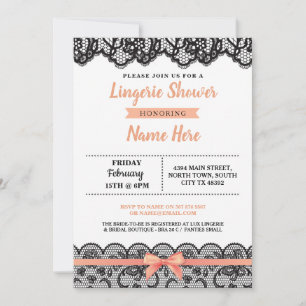 Lingerie Shower Bow Invitation Peach Black Lace