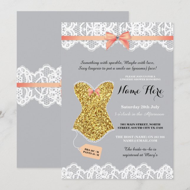 Lingerie Shower Bridal Gold Coral Glitter Invite (Front/Back)