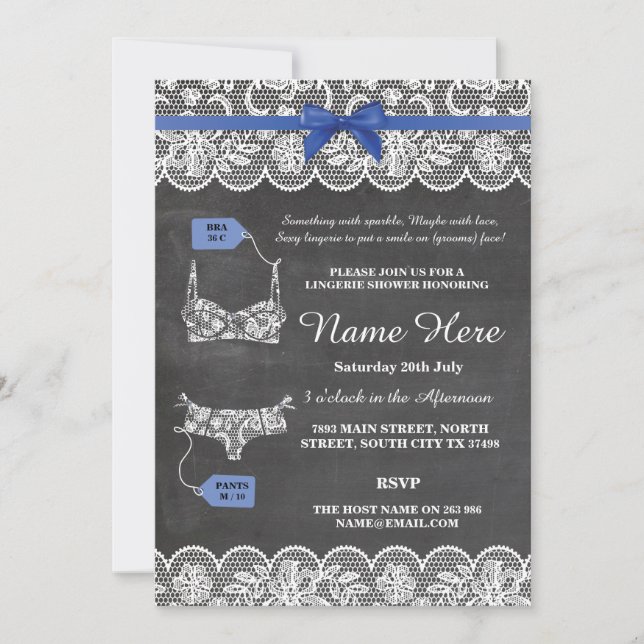 Lingerie Shower Bridal Party Blue Bow Lace Invite (Front)