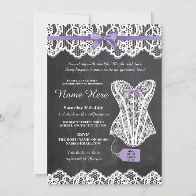 Lingerie Shower Bridal Party Chalk Lace Bow Invite (Front)